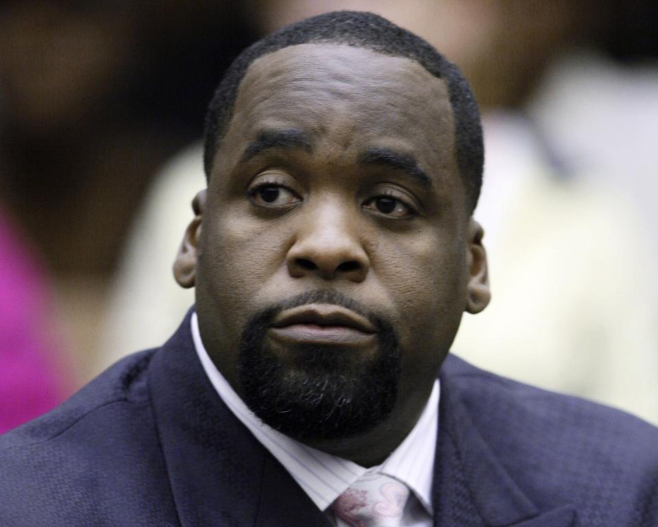 FILE - In this May 25, 2010 file photo, former Detroit Mayor Kwame Kilpatrick sits in a Detroit courtroom. Rev. Trump has commuted the prison sentence of Kilpatrick, who has served about seven years of a 28-year sentence for corruption. The announcement Wednesday morning, Jan. 20, 2021, was part of a flurry of clemency action in the final hours of Trump’s White House term. (AP Photo/Paul Sancya, File)