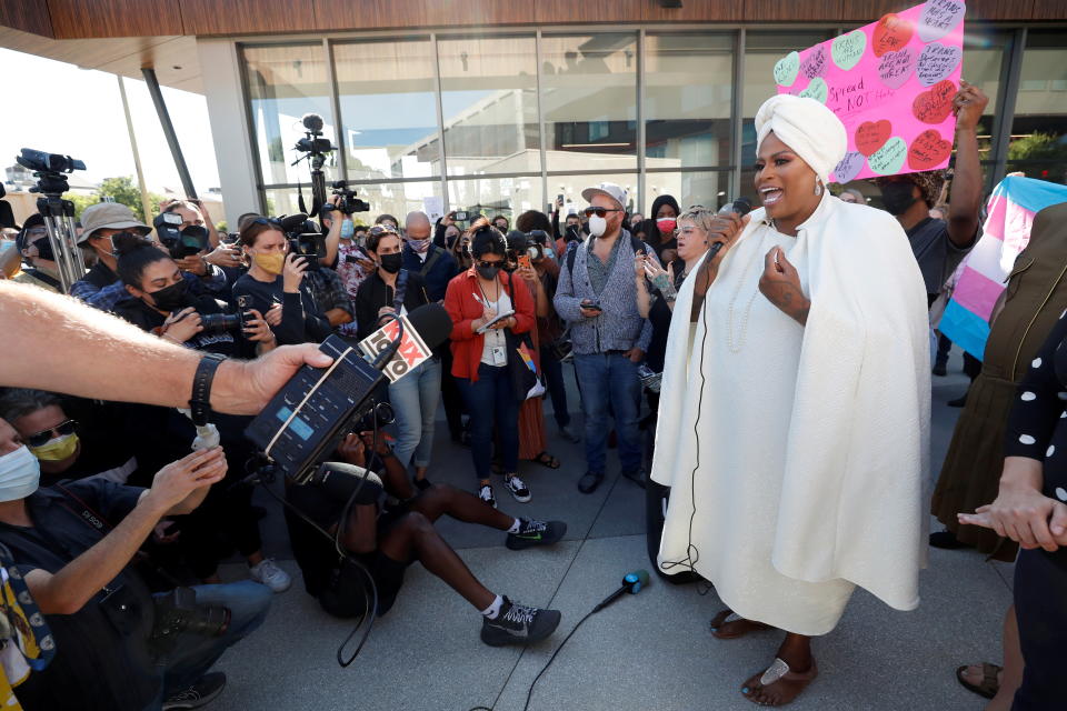 Ashlee Marie Preston speaks during a rally in support of the Netflix transgender employee walkout 