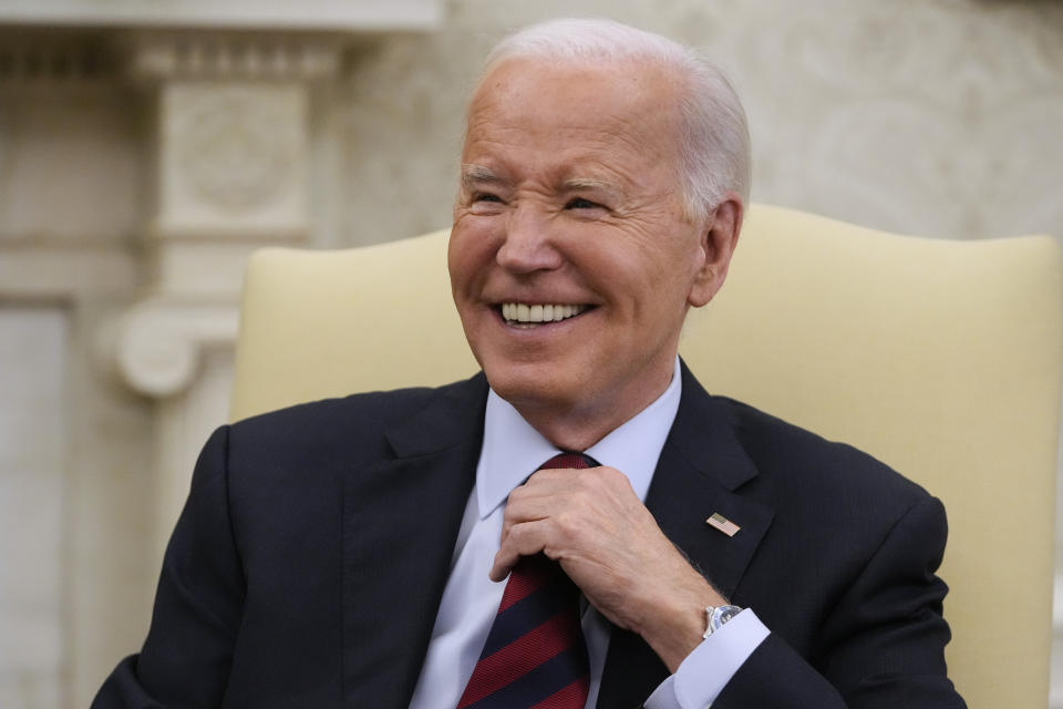 President Joe Biden smiles as he meets with NATO Secretary General Jens Stoltenberg in the Oval Office at the White House, Monday, June 17, 2024. (AP Photo/Mark Schiefelbein)