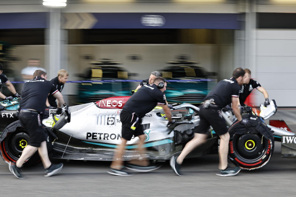 Mercedes driver Lewis Hamilton of Britain gets a pit service during the qualifying session at the Baku circuit, in Baku, Azerbaijan, Saturday, June 11, 2022. The Formula One Grand Prix will be held on Sunday. (Hamad Mohammed), Pool Via AP)