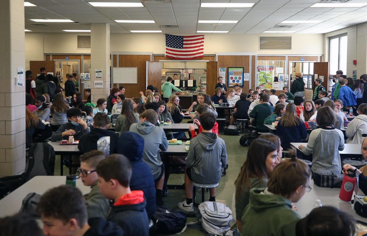Around 200 students, roughly a third of the students at Nordonia Middle School, fill the cafeteria at the school. The Nordonia Hills City Schools had a bond issue on the ballot that would have generated $165 million over 37 years to replace the district's six school buildings with three new buildings. About 60% of the district's voters voted against the issue. School officials said they would reevaluate the district's plans.