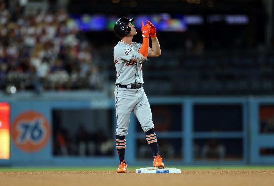 Tigers right fielder Kerry Carpenter celebrates after hitting a double during the third inning of the Tigers' 8-3 loss on Monday, Sept. 18, 2023, in Los Angeles.