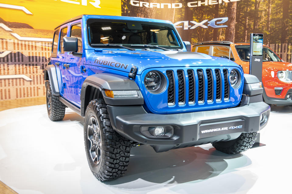 A Jeep Wrangler 4XE Rubicon Plug-in Hybrid off-road vehicle is on display at Brussels Expo.