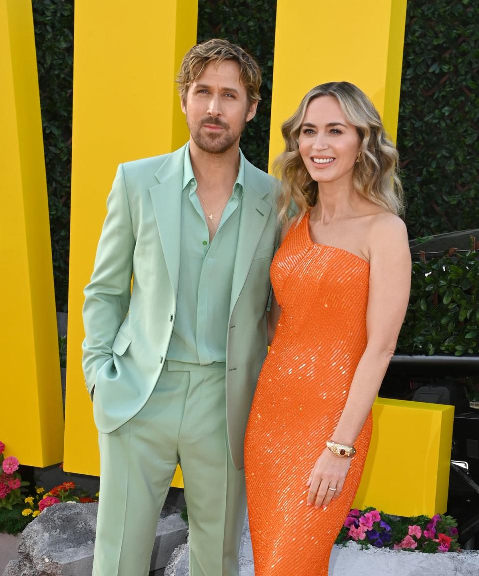 Gosling pictured with co-star Emily Blunt when he first arrived on the carpet (Getty Images)