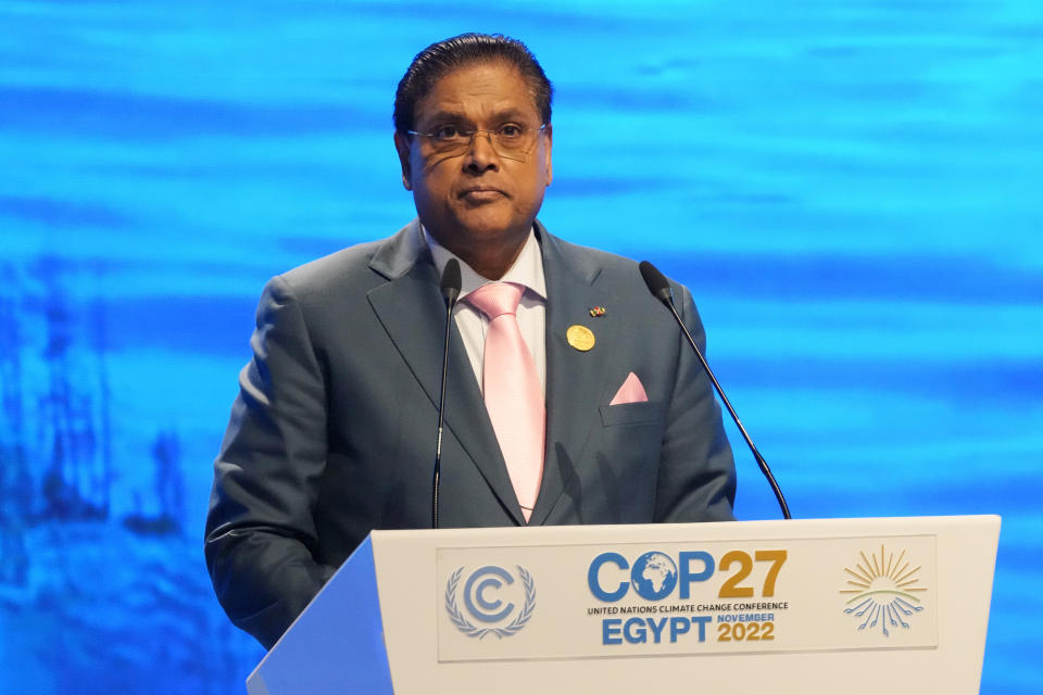 Chandrikapersad Santokhi, president of Suriname, speaks at the COP27 U.N. Climate Summit, Tuesday, Nov. 8, 2022, in Sharm el-Sheikh, Egypt. (AP Photo/Peter Dejong)