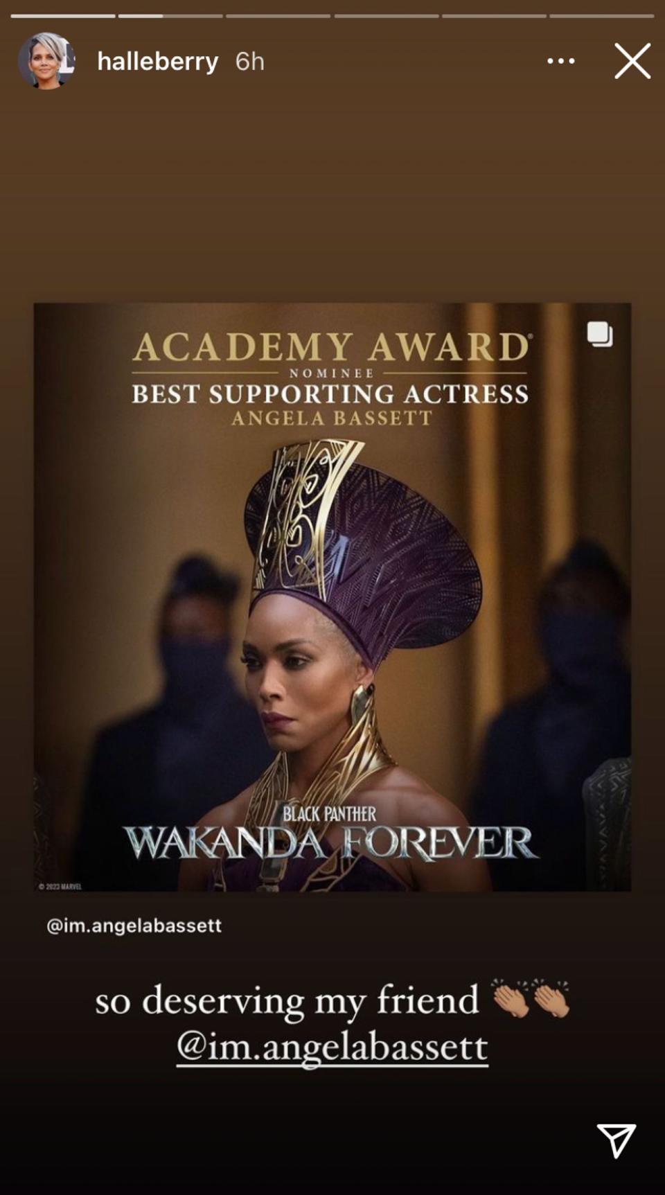 Halle Berry congratulating Angela Bassett for her Oscar nomination for Black Panther: Wakanda Forever
