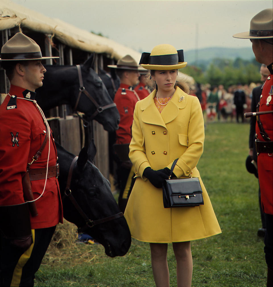 Princess Anne at Horse Trials with members of the Royal Canadian Mounted Police in the U.K., 1968.