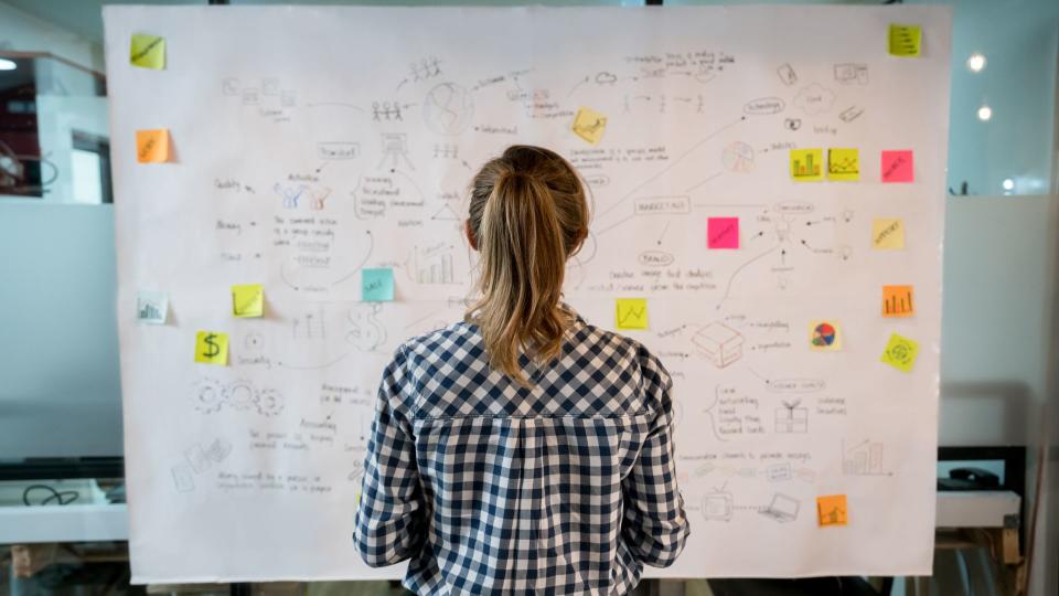 Woman sketching a business plan on a placard at a creative office.