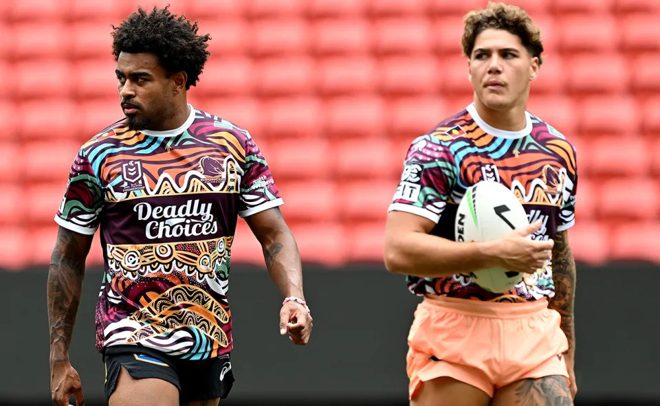 Ezra Mam and Reece Walsh, pictured here at a Brisbane Broncos training session.