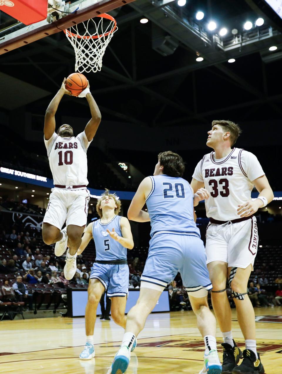 Missouri State sophomore Damien Mayo Jr. during an exhibition game against the Westminster College Blue Jays at Great Southern Bank Arena on Thursday, Nov. 2, 2023.