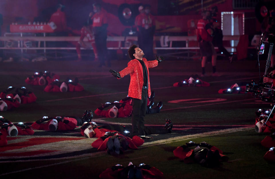 The Weeknd performing at the Super Bowl