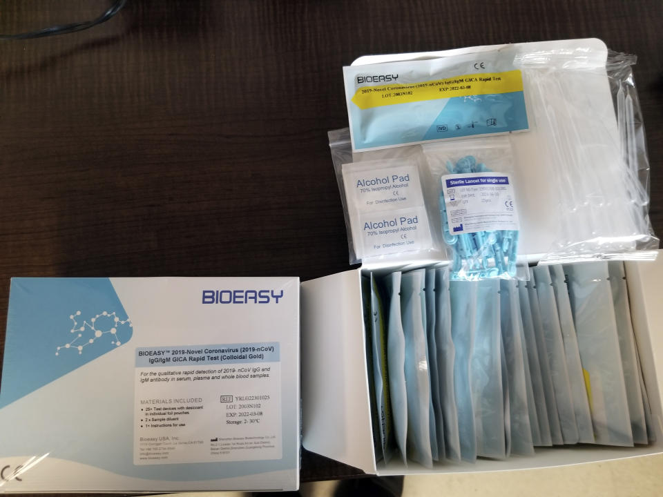 In this image provided by the U.S. Immigration and Customs Enforcement, this March 24, 2020, photo, shows unapproved COVID-19 tests that were seized on March 22, 2020 from the DHL Express Consignment Facility at JFK Airport in the Queens borough of New York. Federal officials say the COVID-19 outbreak has unleashed a wave of fraud. An arm of the Department of Homeland Security, Homeland Security Investigations, has opened more than 300 cases in recent weeks that include counterfeit products and medicines as well as fake tests for the virus. (U.S. Immigration and Customs Enforcement via AP)
