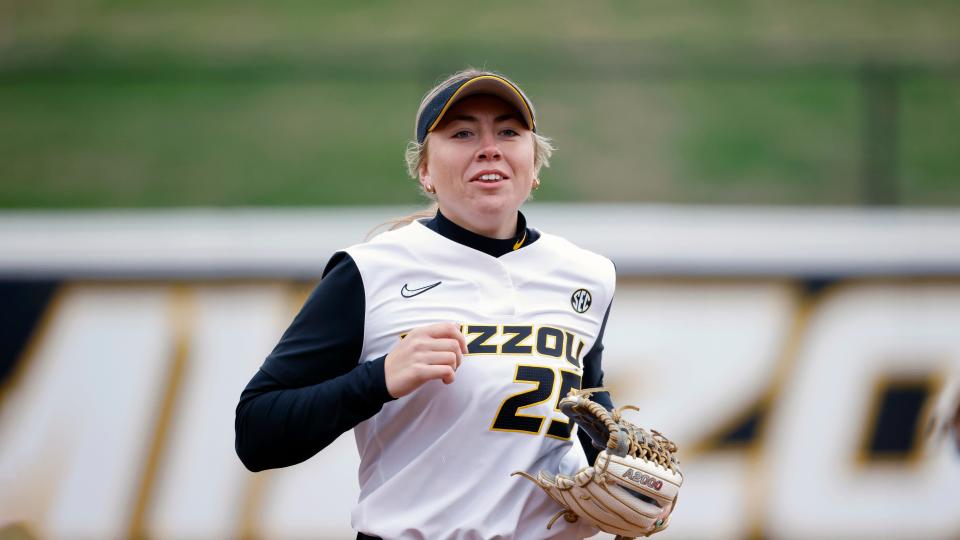 Missouri's Alex Honnold during an NCAA college softball game on Friday, March 10, 2023, in Columbia, Mo. (AP Photo/Colin E. Braley)