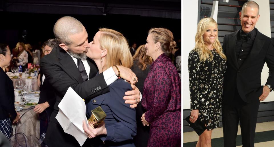 Reese Witherspoon and Jim Toth kiss at the 2019 Hollywood Reporter's Power 100 Women in Entertainment and at the 2017 Vanity Fair Oscar Party