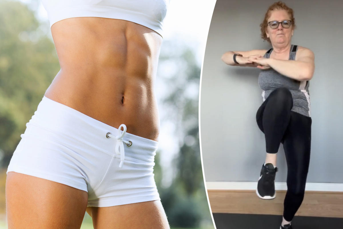 fat workout woman showing chubby belly before exercise. motivated exerciser  reveal fat under skin choosing training to burn calories. determined gym  member have spirit for changing unhealthy fat body Photos