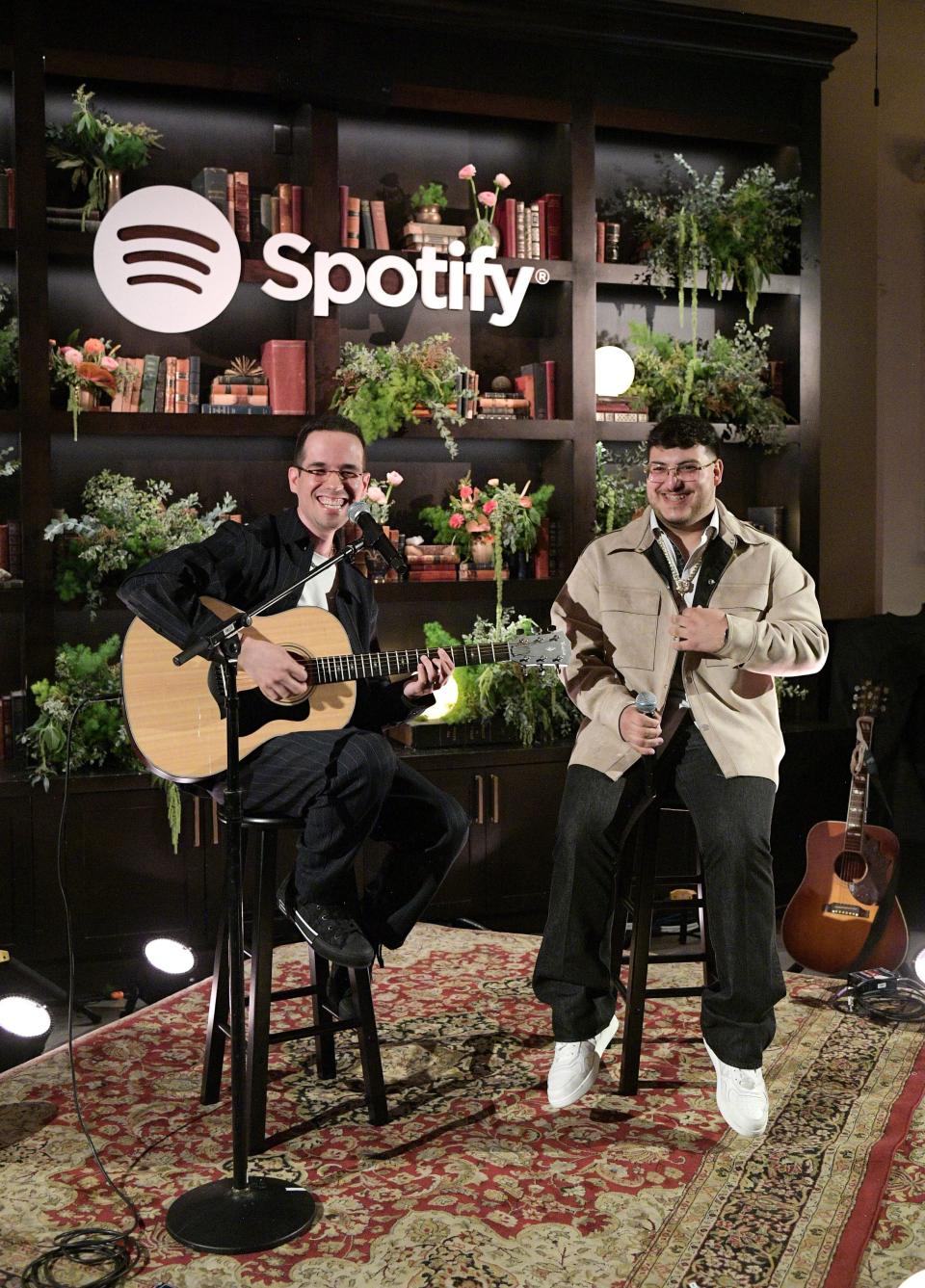 Edgar Barrera and Adelaido "Payo" Solís of Grupo Frontera perform together at Spotify's songwriter of the year event on Jan. 30, 2024 in Los Angeles.
