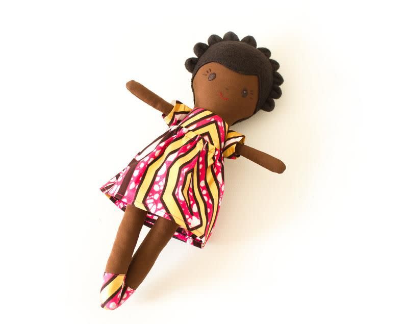 Handmade Black Rag Doll in Gift Box, African Heritage Doll with Bantu knotted hairstyle.