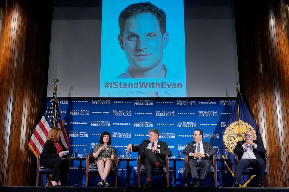 PHOTO: Danielle Gershkovich, second from left, sister of reporter Evan Gershkovich, speaks about the Russian government's ongoing detention of her brother during a news conference, on July 13, 2023, at the National Press Club in Washington (Patrick Semansky/AP)