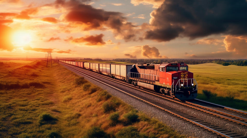 A freight train moving through a rural landscape, its engine and numerous rail cars carrying the company's cargo.