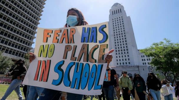 PHOTO: Students participate in a school walk-out and protest in front of City Hall to condemn gun violence, in Los Angeles, May 31, 2022. (Ringo Chiu/AFP via Getty Images)