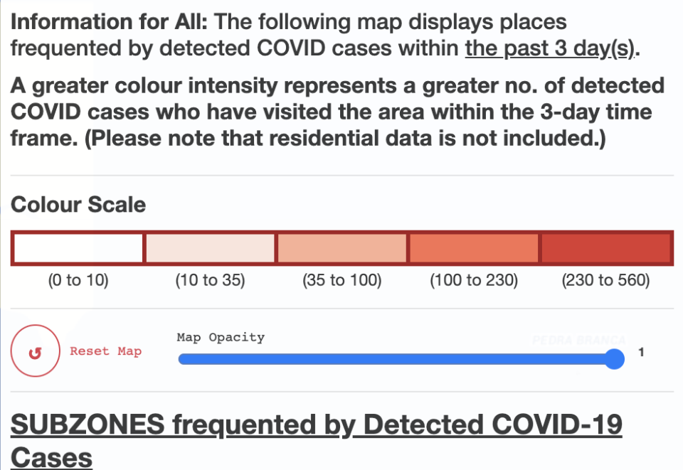 Ministry of Health's new COVID-19 situational map launched on 1 October 2021 indicating the varying concentration of cases frequently visited by them within the past three days across Singapore. (MAP: MOH)