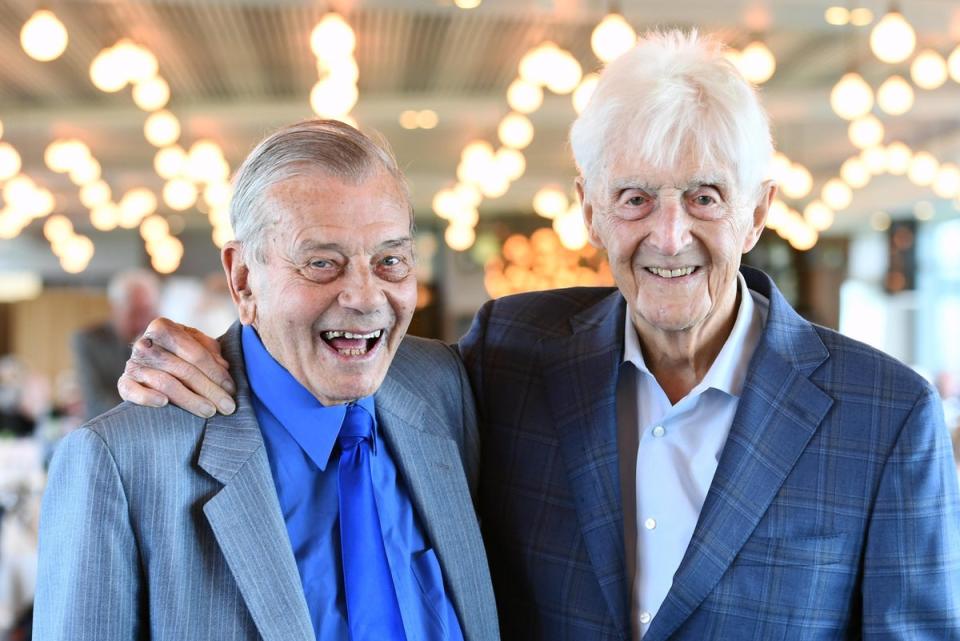 Parkinson, in one of his last public appearances in April 2023, posing with friend Dickie Bird (Simon Wilkinson/SWpix.com/Shutterstock)