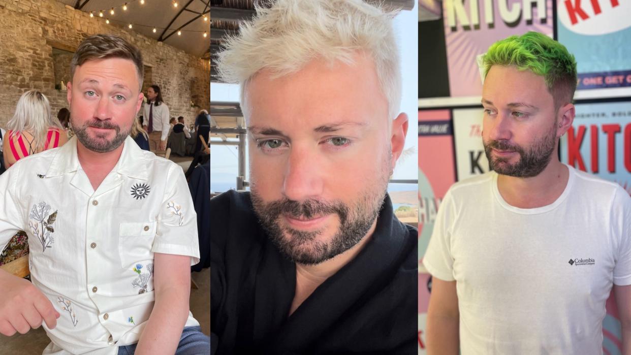 Attitude's Jame Tabberer with his natural hair colour [left], and blonde and green (Images: Jamie Tabberer)