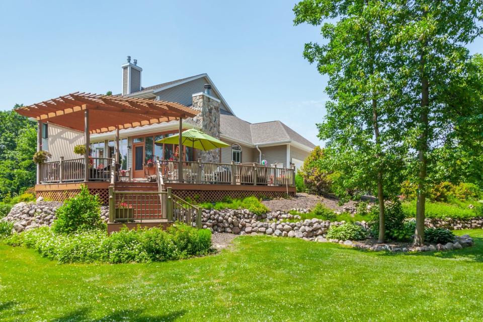 beautiful landscaped backyard sunny day