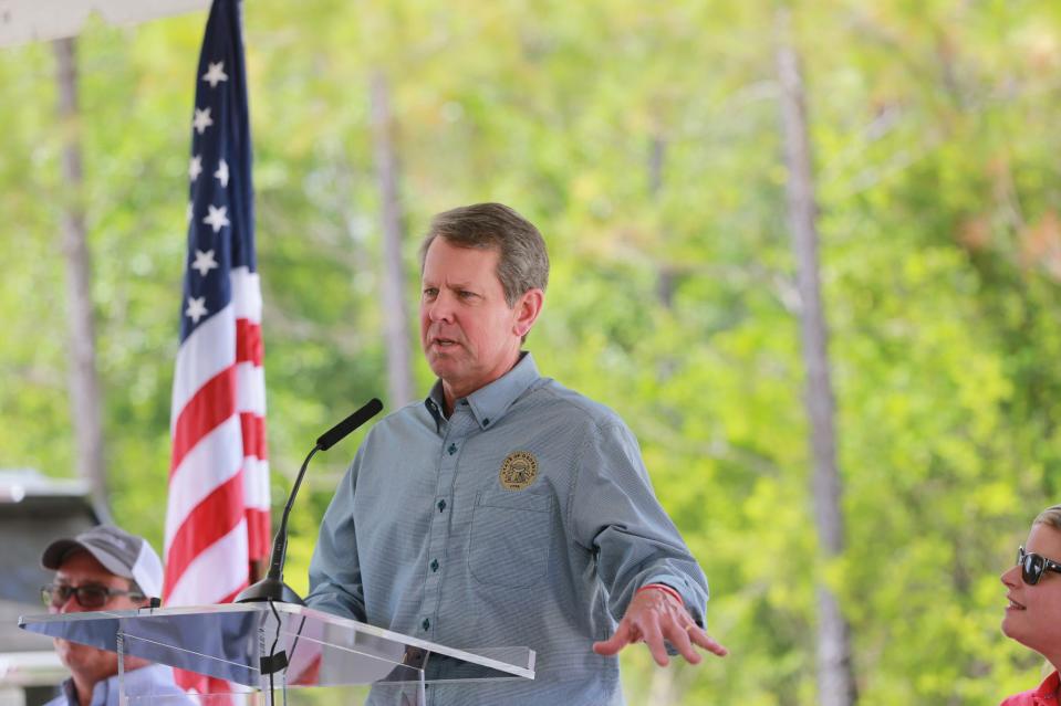 Gov. Brian Kemp speaks during recent a press conference in Bryan County.