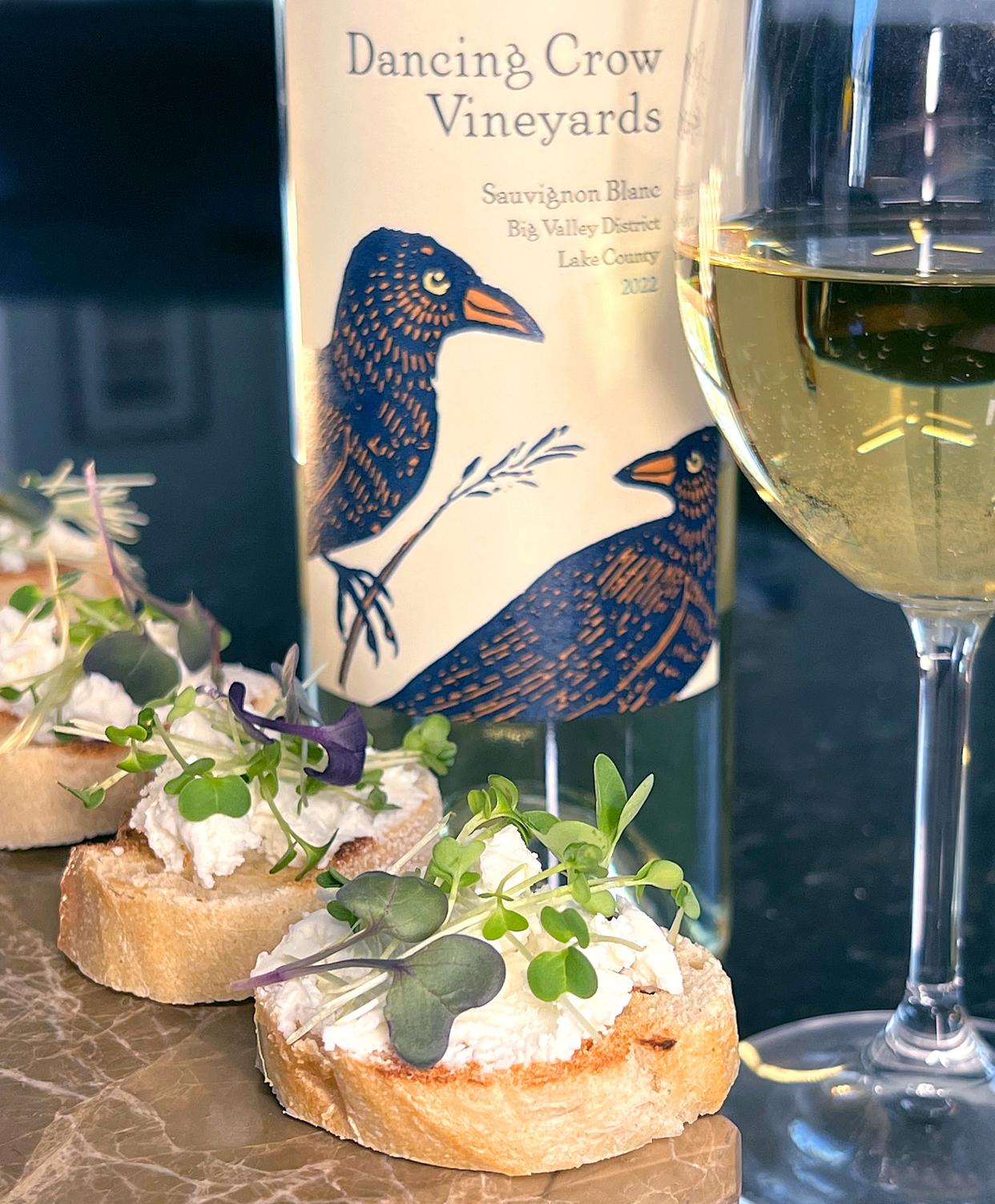 Dancing Crow sauvignon blanc is a wonderful spring wine to have with a goat cheese crostini topped with organic sprouts.