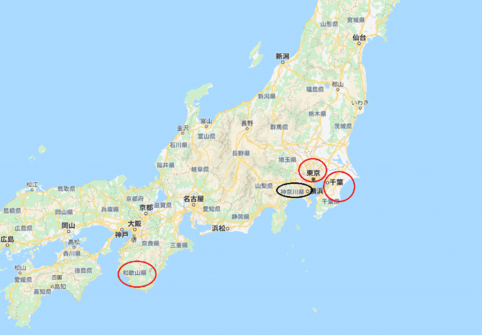 日本一天爆發四例確診，紅圈為本圖確診案例地點，黑圈為首例死亡案例地點。