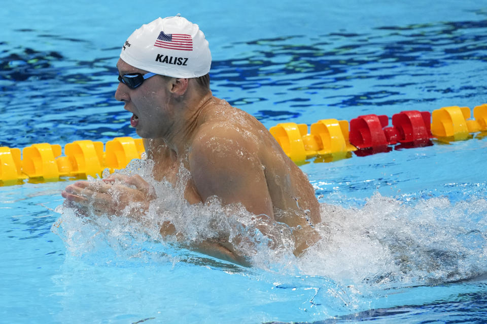 Chase Kalisz of the US swims in the Men's 400m Individual Medley at the 2020 Summer Olympics, Sunday, July 25, 2021, in Tokyo, Japan. (AP Photo/Charlie Riedle)