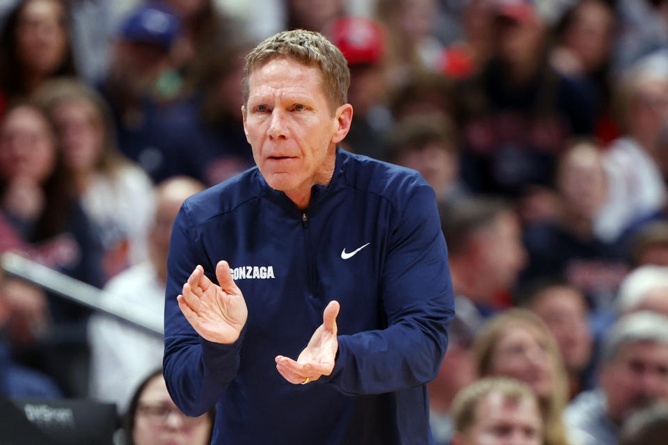 Mar 19, 2023; Denver, CO, USA; Gonzaga Bulldogs head coach Mark Few reacts in the first half against the <a class="link " href="https://sports.yahoo.com/ncaaw/teams/tcu/" data-i13n="sec:content-canvas;subsec:anchor_text;elm:context_link" data-ylk="slk:TCU Horned Frogs;sec:content-canvas;subsec:anchor_text;elm:context_link;itc:0">TCU Horned Frogs</a> at Ball Arena. Mandatory Credit: Michael Ciaglo-USA TODAY Sports