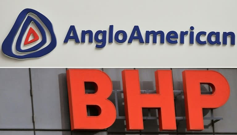 Una combinación de imágenes de archivo de los logotipos de los grupos mineros Anglo American y BHP tomadas en Londres y Melbourne, respectivamente (William West, Ben Stansall)