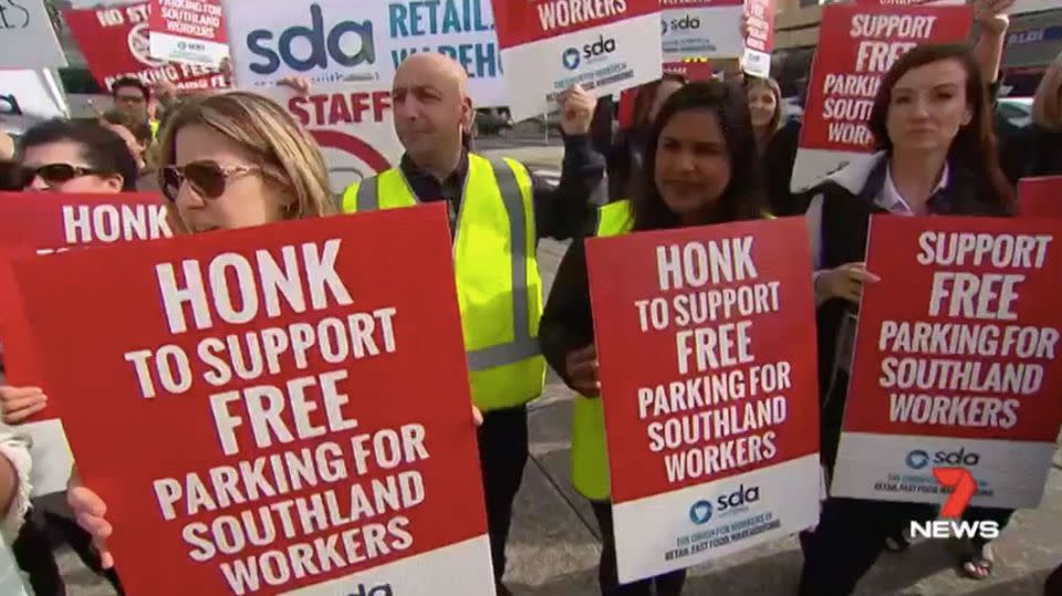 Protestors outside Southland Shopping Centre. Source: 7 News