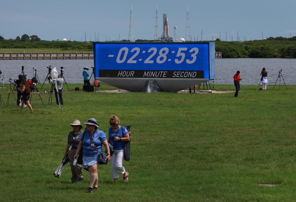 The countdown clock is stopped after NASA scrubbed the launch of the Artemis I rocket from launch pad 39-B at Kennedy Space Center on September 03, 2022 in Cape Canaveral, Florida.