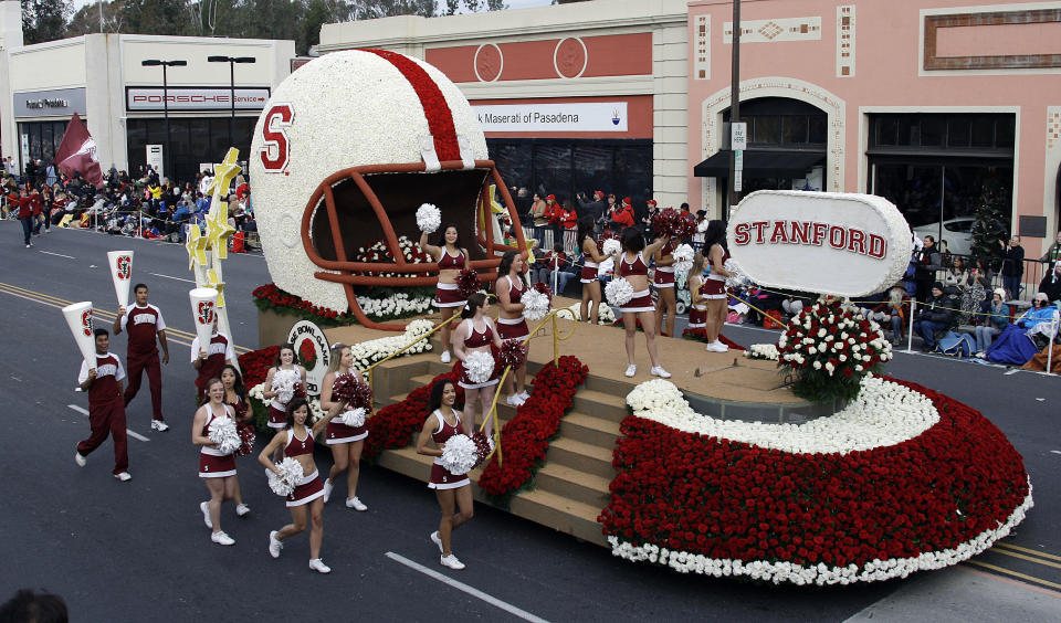 The float carrying the spirit squad for Stanford University, which will face Wisconsin in the Rose Bowl football game, is seen in the 124th Rose Parade in Pasadena, Calif., Tuesday, Jan. 1, 2013. (AP Photo/Reed Saxon)