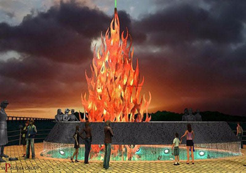 An artist's rendering shows the proposed monument to women veterans. The finished monument will feature a flame rising more than 30 feet into the air and include a stainless-steel elliptical band of flowing water.