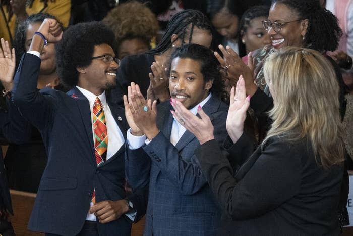 From left: Expelled state Rep. Justin Pearson, expelled state Rep. Justin Jones, and Rep. Gloria Johnson are recognized by the audience at Fisk University before Vice President Kamala Harris arrives in Nashville on April 7, 2023.