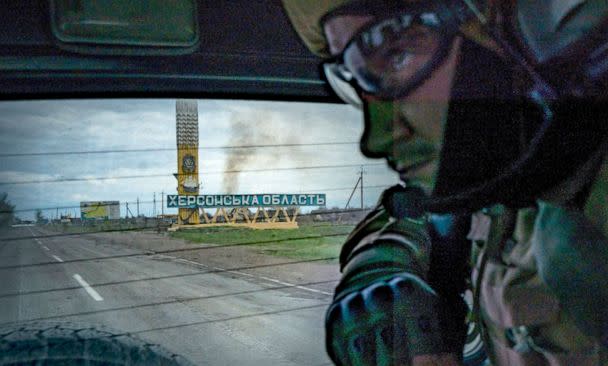 PHOTO: Ukrainian soldiers make a patrol in the entrance of the Kherson region, very close to the russian positions, in the frontline of Mykolaiv, Ukraine, April 19, 2022.  (NurPhoto via Getty Images)