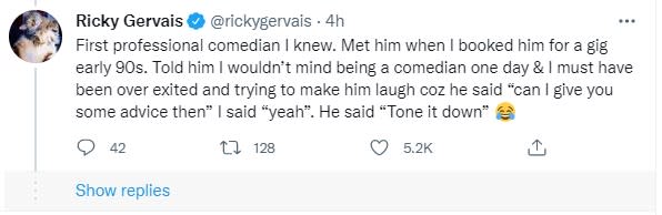 Ricky Gervais recalled memories of Lock on Twitter. (Twitter)