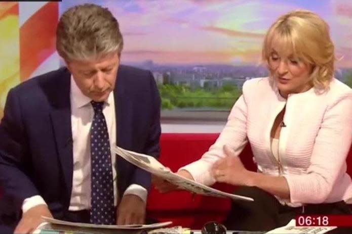 Awkward: The BBC Breakfast host did a ‘paper review’ on Wednesday morning in which she was one of the front page stories. (BBC)