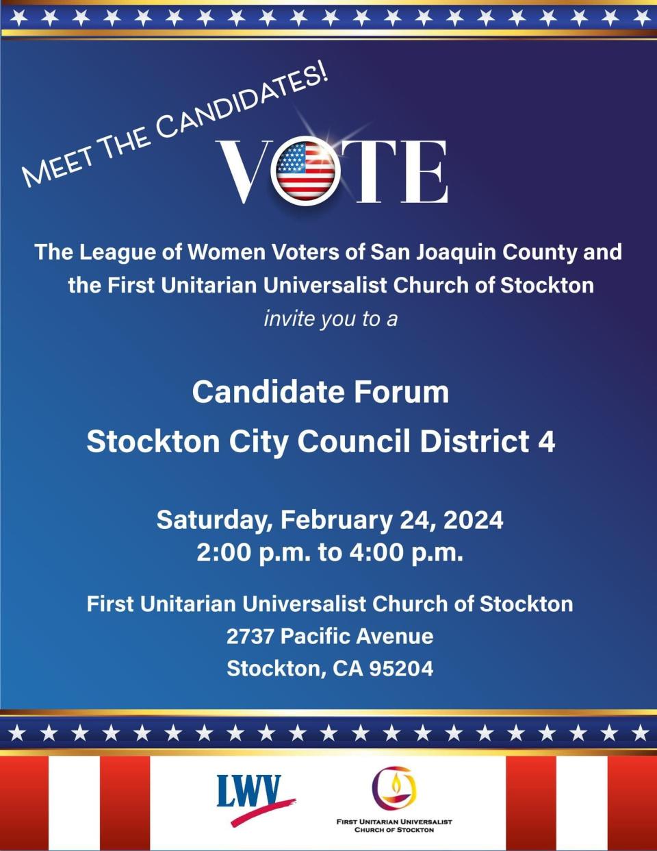 Flyer for League of Women Voters of San Joaquin County's 2024 candidate forum.