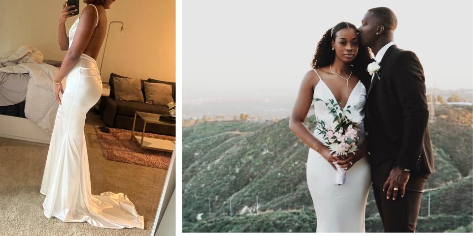 An image of Kiara Draper with her husband and a picture of the back of her dress, which is backless