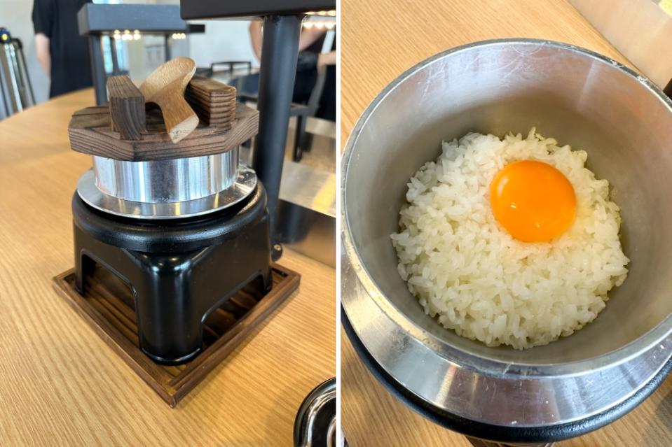 The rice is cooked in a 'kamameshi' or an iron pot and served piping hot for you (left). You can add on an egg yolk to the rice (right).