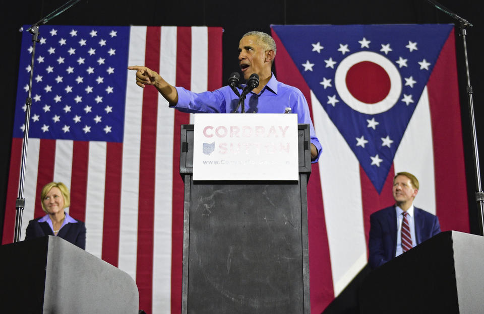 Former President Barack Obama speaks as he campaigns in support of Ohio gubernatorial candidate Richard Cordray, Thursday, Sept. 13, 2018, in Cleveland. (AP Photo/David Dermer)