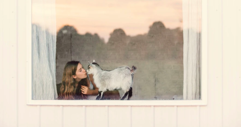 A photo of a woman in a window with a goat.