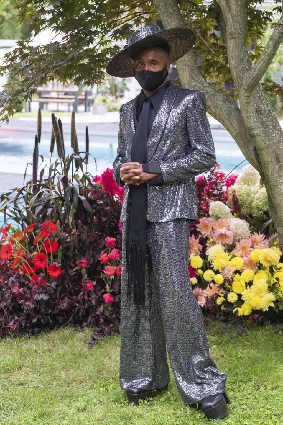 Billy Porter attends the Christian Siriano fashion show held at Christian's home as part of New York Fashion Week on Thursday, Sept. 17, 2020, in Westport, Conn. (Photo by Charles Sykes/Invision/AP)