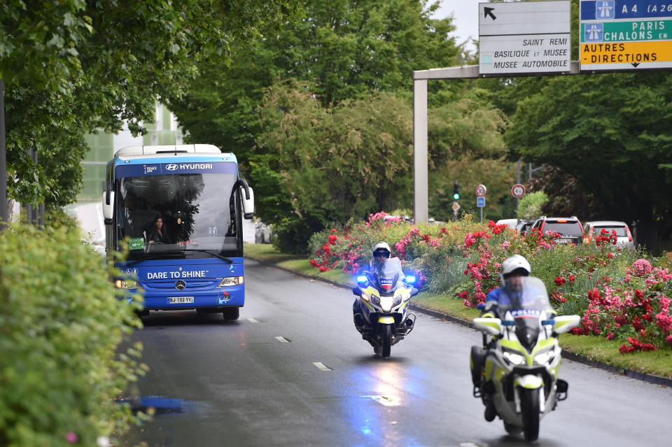 REIMS, FRANCE - JUNE 10: Italy Women bus arrives on June 10, 2019 in Reims, France. (Photo by Tullio M. Puglia/Getty Images)