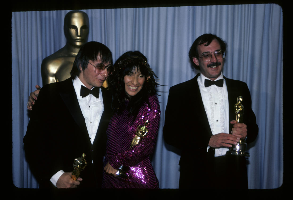 THE 55TH ANNUAL ACADEMY AWARDS - Backstage Coverage - Airdate: April 11, 1983. (Photo by ABC Photo Archives/Disney General Entertainment Content via Getty Images)
L-R: JACK NITZSCHE, BUFFY SAINTE-MARIE AND WILL JENNINGS, WINNERS BEST ORIGINAL SONG FOR 